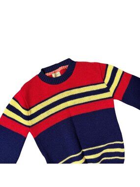 Vintage Wool Sweater Red Navy Blue Yellow Striped Pullover 50s Boys JCPenney